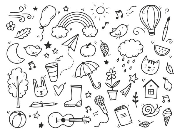 illustrations, cliparts, dessins animés et icônes de griffonnage mignon avec nuage, arc-en-ciel, soleil, élément animal. - toy umbrella