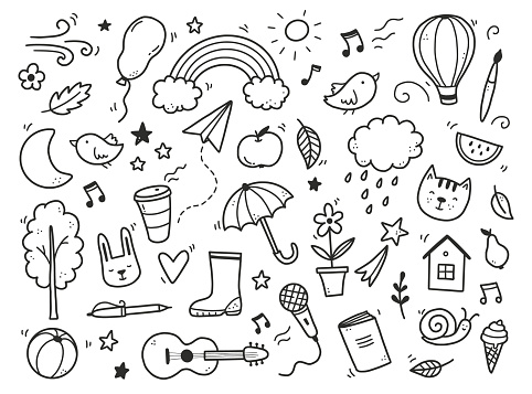 Cute doodle with cloud, rainbow, sun, animal element. Hand drawn line children style. Doodle background vector illustration.
