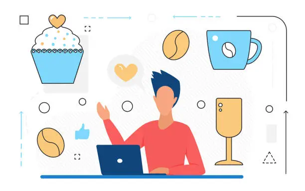 Vector illustration of Food cooking, man character with laptop, dessert and coffee line icon isolated