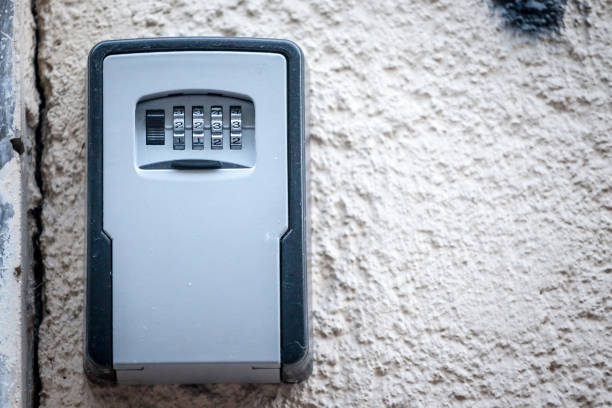 Lockbox, also called keysafe, or key safe, in front of the entrance door of a short term vacation rental, made at delivering keys to guests without contacts. stock photo