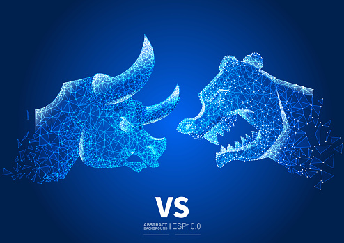 Bull and bear showdown, business bear and bull market, low poly vector abstract background of bear and bull