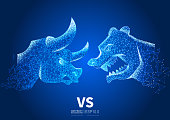 istock Bull and bear showdown, business bear and bull market, low poly vector abstract background of bear and bull 1336400055