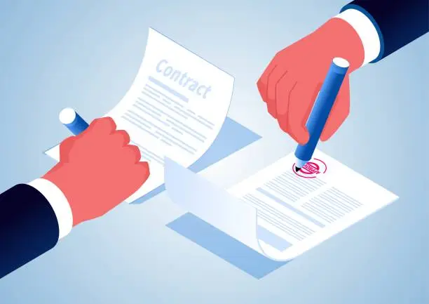 Vector illustration of Signing an agreement and contract, isometric hand holding a pen to sign a document.