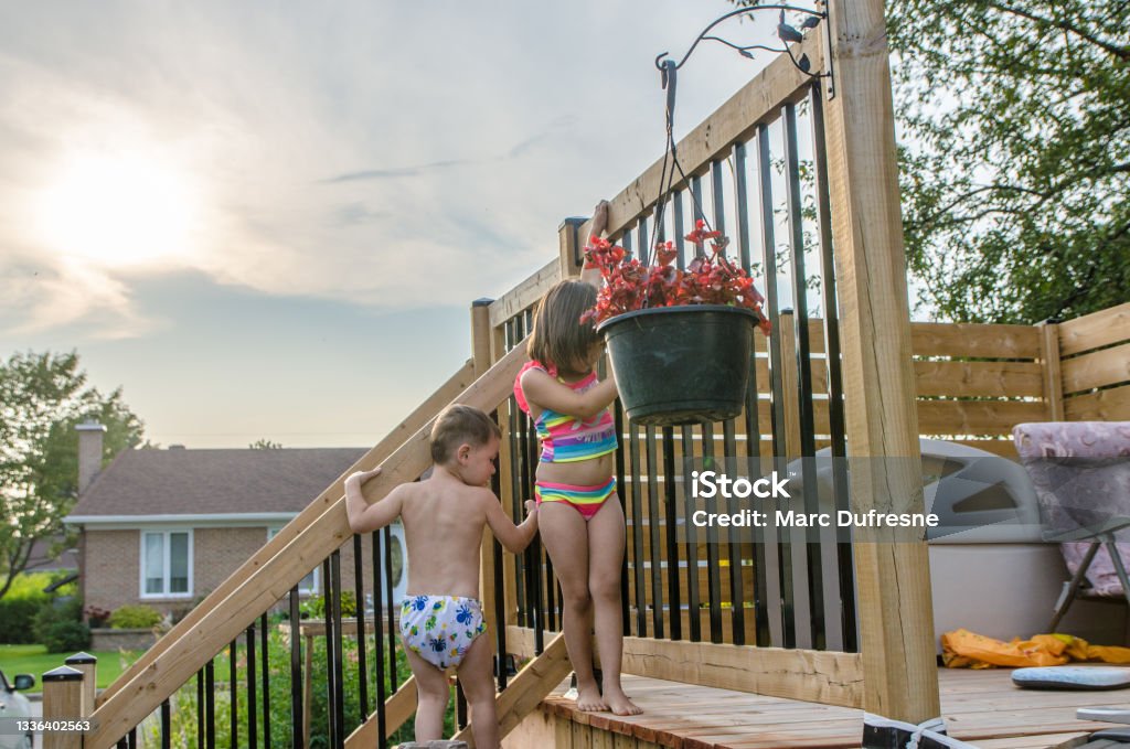 Two kids getting around pool security gate Little girl and boy climbing the step on the other side of the ramp to get around the security gate to access the family pool. 2-3 Years Stock Photo