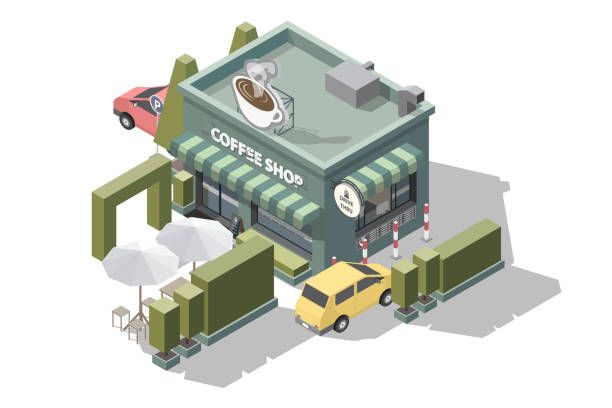 illustrazioni stock, clip art, cartoni animati e icone di tendenza di caffetteria isometrica con un cartello o un logo in cima a forma di grande modello 3d di una caffetteria e drive thru take up punto di prelievo illustrazione vettoriale isolata su sfondi bianchi - cafe coffee shop sidewalk cafe menu