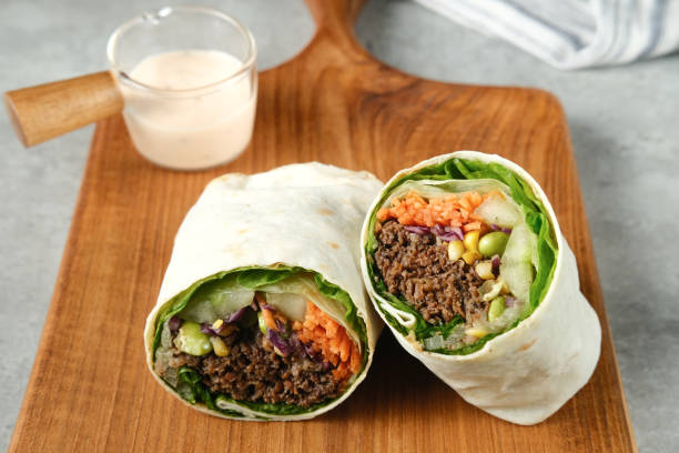 Salad Wrap. Tortilla wraps with beef teriyaki and fresh vegetables.