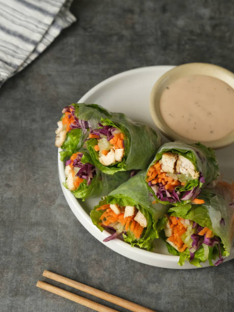 istock Vegetable spring roll, fresh roll salad made from mix vegetables and roasted chicken. 1336411987