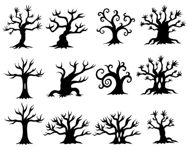 Creepy tree silhouette illustration. Deformed illustration. Creepy tree silhouette illustration. Deformed illustration. bare tree stock illustrations