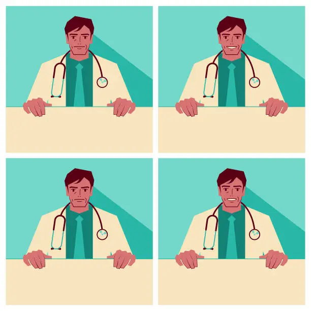 Vector illustration of Mature doctors (mid-adult) wearing a stethoscope and holding a blank sign, with facial expressions of Smiling, Talking, and Anger