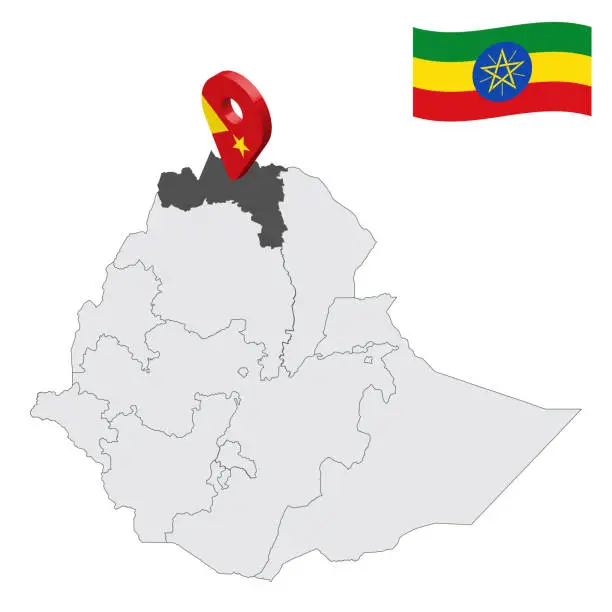 Vector illustration of Location Tigray Region on map Ethiopia. 3d location sign similar to the flag of  Tigray. Quality map  with  provinces Ethiopia for your design. EPS10