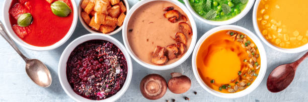 istock Vegan soup variety panorama with many different cream purees 1336419042