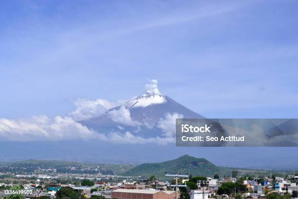 Active Popocateptl Volcano In Mexico With Snow Viewed From Atlixco Stock Photo - Download Image Now