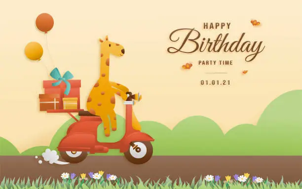 Vector illustration of Cute giraffe on a scooter Theme happy birthday.