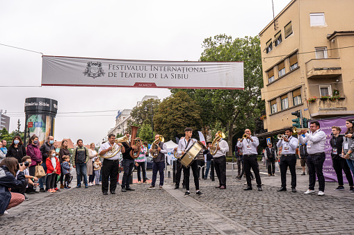Sibiu City, Romania - 25 August 2021. The Brass Band from Cozmesti performing at the Sibiu International Theatre Festival from Sibiu, Romania.