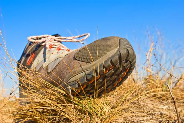 istock touristic boot in a grass on a blue sky background 1336426449