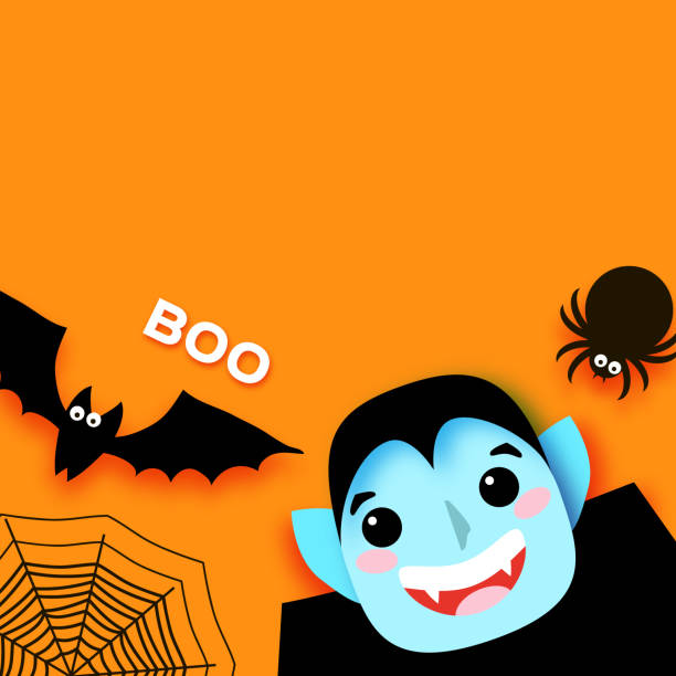 ilustrações de stock, clip art, desenhos animados e ícones de happy halloween. monsters. dracula - funny spooky vampire. trick or treat. bat, spider, web. space for text. boo. orange. - bat halloween spider web spooky