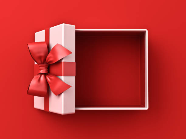 puste białe pudełko prezentowe otwarte lub widok z góry na obecne pudełko przewiązane czerwoną wstążką i kokardką izolowaną na czerwonym tle z cieniem minimalistycznym konceptualnym - rozpakowany stock illustrations