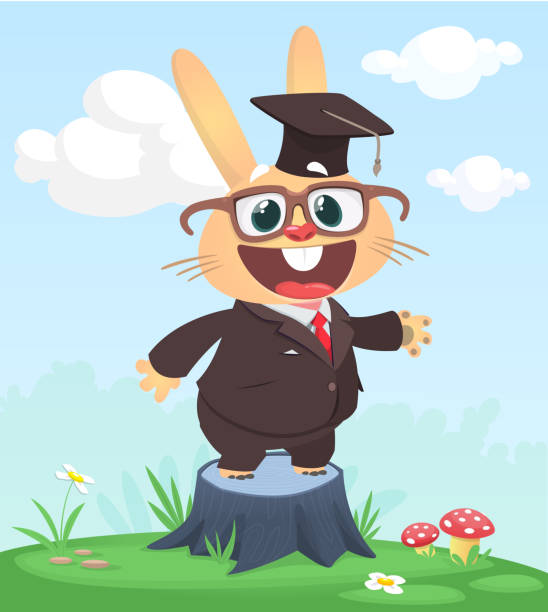 Cartoon funny and happy rabbit standing on the summer meadow on the tree stump. Vector illustration of easter bunny hare Cartoon funny and happy rabbit standing on the summer meadow on the tree stump wearing tuxedo. Vector illustration of easter bunny hare isolated dinner jacket stock illustrations