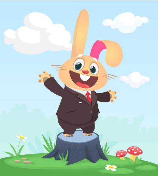 Cartoon funny and happy rabbit standing on the summer meadow on the tree stump. Vector illustration of easter bunny hare Cartoon funny and happy rabbit standing on the summer meadow on the tree stump wearing tuxedo. Vector illustration of easter bunny hare isolated dinner jacket stock illustrations