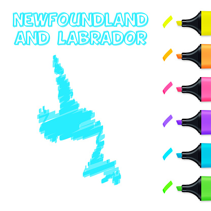 Map of Newfoundland and Labrador drawn with a blue highlighter, isolated on a blank background. Easily change the color of the map (yellow, orange, pink, purple, blue, green) as you like. Vector Illustration (EPS10, well layered and grouped). Easy to edit, manipulate, resize or colorize. Vector and Jpeg file of different sizes.