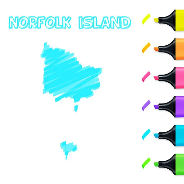 Vector illustration of Norfolk Island map hand drawn with blue highlighter on white background