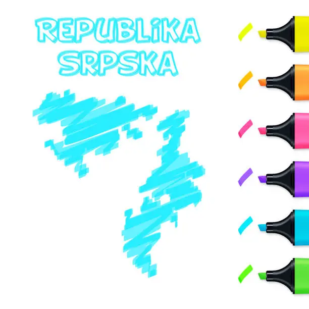Vector illustration of Republika Srpska map hand drawn with blue highlighter on white background