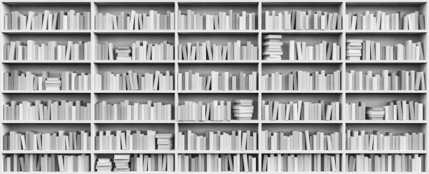 istock Library shelf full of white books. 1336429968