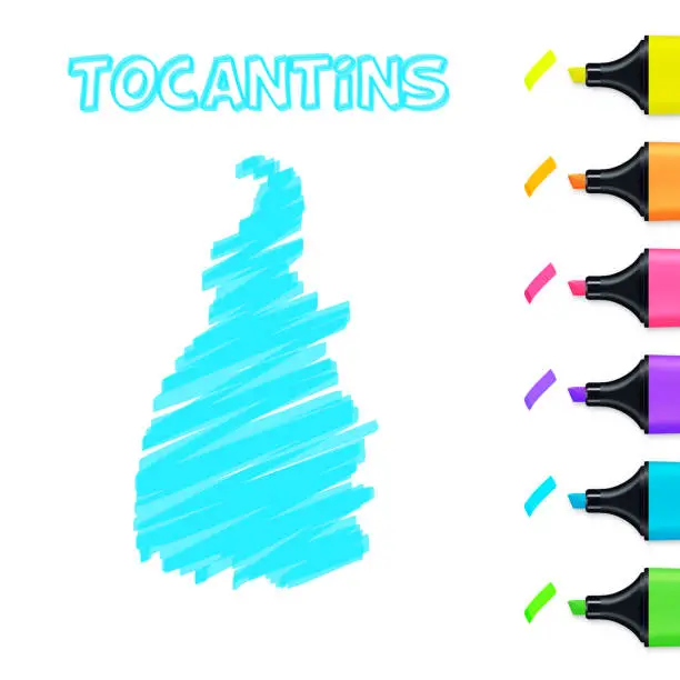 Vector illustration of Tocantins map hand drawn with blue highlighter on white background