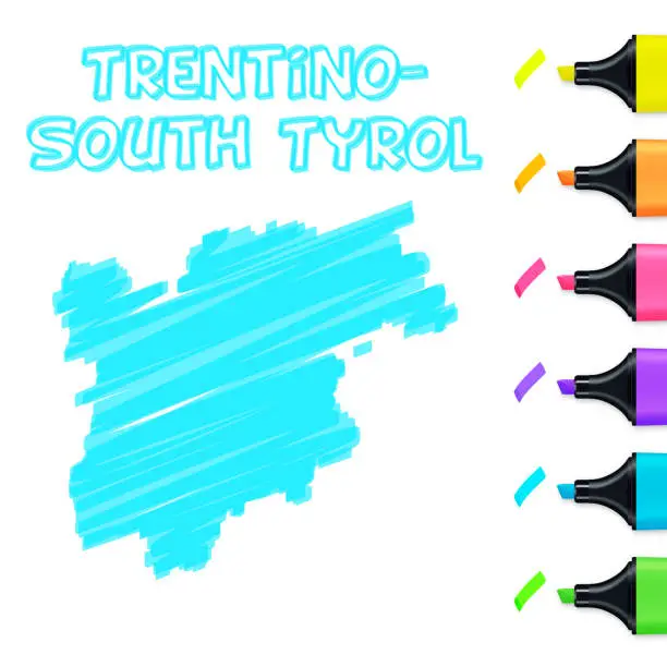Vector illustration of Trentino-South Tyrol map hand drawn with blue highlighter on white background