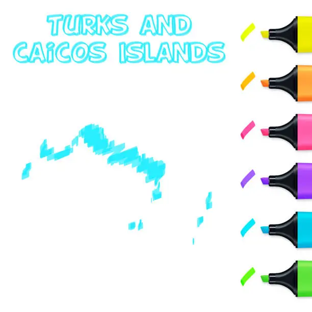 Vector illustration of Turks and Caicos Islands map hand drawn with blue highlighter on white background