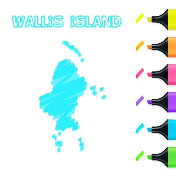 Vector illustration of Wallis island map hand drawn with blue highlighter on white background