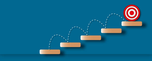 istock Curved dotted line rising step up the stair to target on blue background as metaphor for business or success. 1336433356
