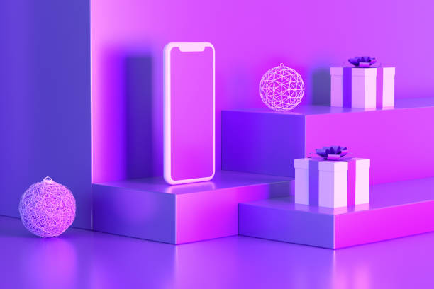 istock Gift Box, Blank Screen Smart Phone, Christmas, New Year Background with Podiums, Stands 1336435334
