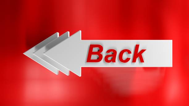 istock White arrows with red write BACK on red glossy background - 3D rendering illustration 1336436120