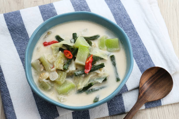 Sayur Lodeh or vegetable soup with coconut milk, delicious of traditional indonesian food. Sayur Lodeh or vegetable soup with coconut milk, delicious of traditional indonesian food. Consists of chayote, long beans, eggplant, cabbage and coconut milk. Served in bowl, close up. central java province photos stock pictures, royalty-free photos & images
