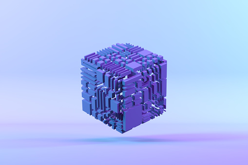 Abstract 3d rendering Cube, Geometric Shapes Background, Blockchain , Technology concept. Neon Lighting.