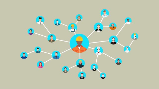 4K resolution animation video of various global professions community connection. The loop video about icons of different professions, social and abstract network, link, global communication, infographic.