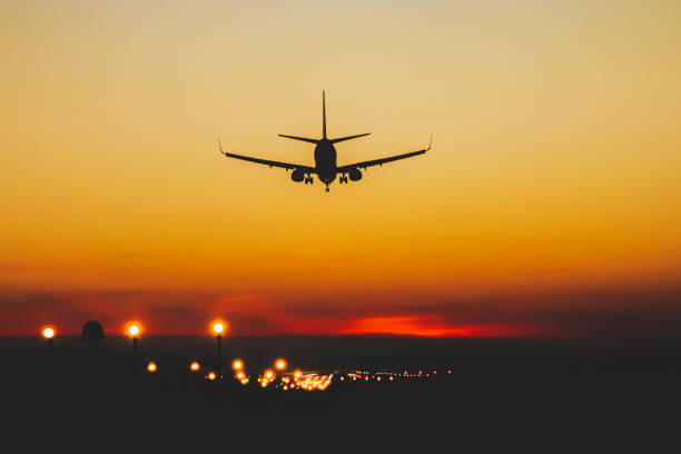 istock Airplane landing on the runway during sunset and night 1336438886
