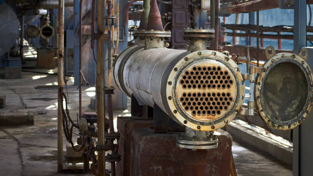 産業熱交換器またはボイラー管の束。二方向熱交換器シェルとチューブは、コピースペースを備えた石油化学企業の産業背景での修理と堆積物のクリーニングのために開かれました。 - condenser ストックフォトと画像