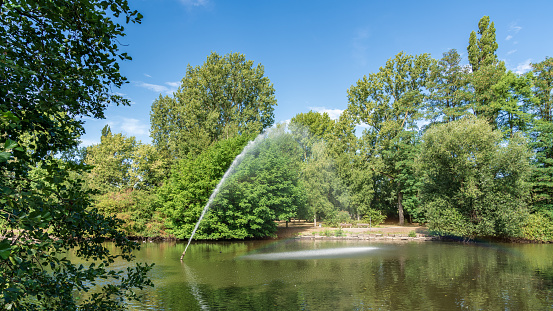View over the pond of the park in Sterkrade, Oberhausen, North Rhine-Westfalia, Germany