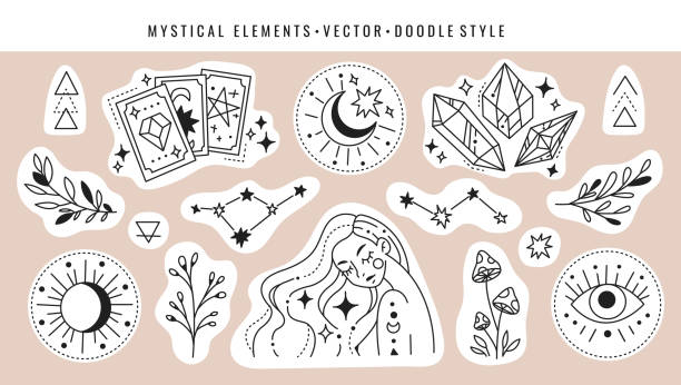 Set of mystical elements Magic cards, crystals constellation, girl, mushrooms, plants and magic symbols. Set of mystical elements in doodle style. tarot cards illustrations stock illustrations