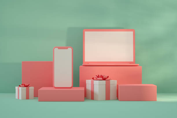 istock Empty Podiums, Platforms with Gift Box,  Blank Screen Smart Phone and Laptop 1336442161