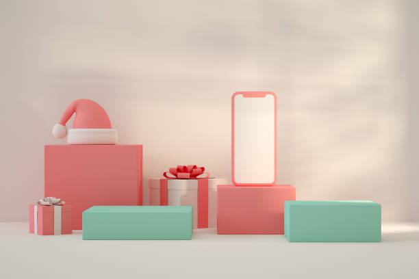 istock Empty Podiums, Platforms with Gift Box and Blank Screen Smart Phone 1336442200