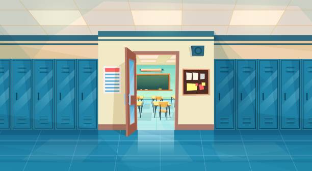 Empty School Corridor Empty School Corridor Interior With Row Of Lockers,and open door in classroom. Horizontal Banner. cartoon College campus hall or university lobby. Vector illustration in a flat style classroom stock illustrations