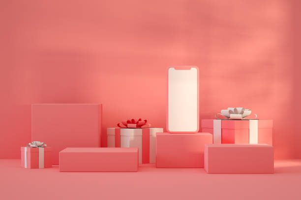 istock Empty Podiums, Platforms with Gift Box and Blank Screen Smart Phone 1336442249