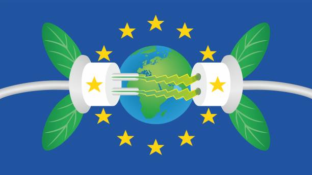 dwa kontakty elektryczne z zielonymi liśćmi i planetą earth globe. ilustracja wektorowa. - nuclear energy flash stock illustrations