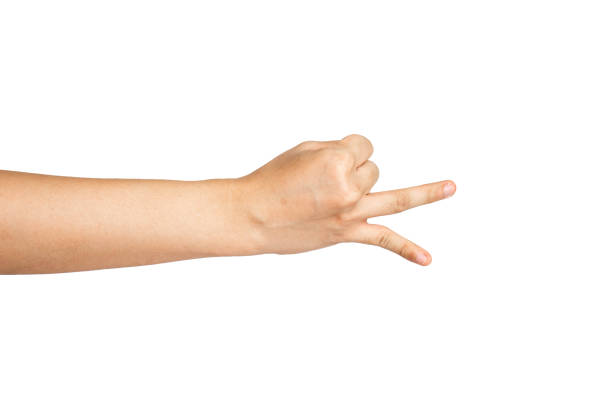 istock Close up of number two hand gesture isolated with white background 1336444144