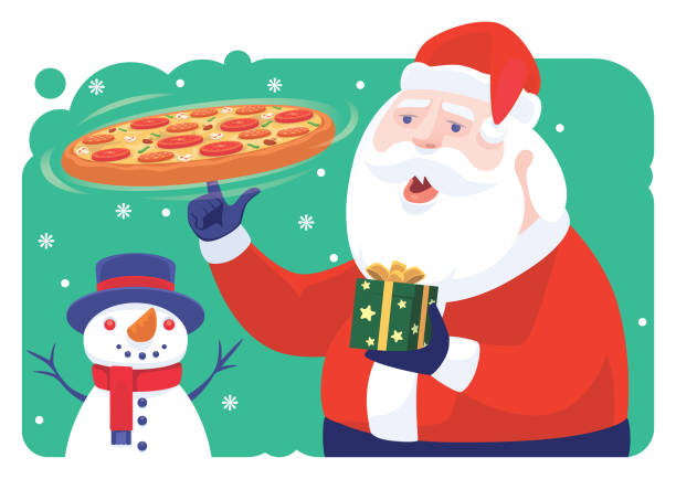 istock Santa Claus holding pizza and Christmas present 1336446584