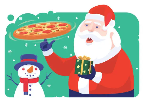 Vector illustration of Santa Claus holding pizza and Christmas present