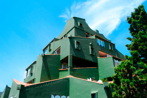 Calpe, Spain - August 2, 2021: The famous Xanadu building, in Calpe, Spain, designed by Ricardo Bofill, as an experimental prototype of a garden city, and built in 1968, seen from bellow